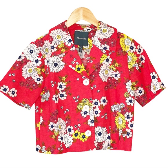 Modcloth Red Floral Crop Shirt Size Small - Picture 4 of 5